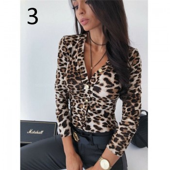Women Long Sleeve Leopard Skin Prinetd Bodysuit Autumn Casual Jumpsuit Bodysuit Slim V Neck Leotard Tops Fashion Slim Bodysuit